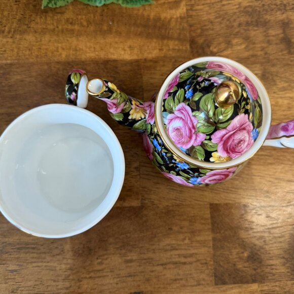 Royal Staffordshire Black Chintz Rose Teapot Floral Cup Gold Trim Pink Blue - Picture 5 of 8